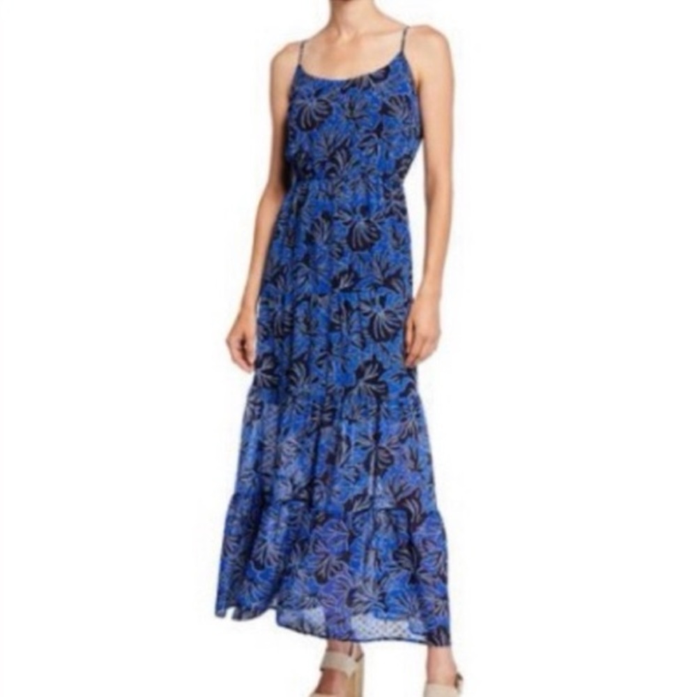 Michael Kors Blue/Black Palm Tree Print Floral Tiered Maxi Dress NWOT‎ Sz. Large